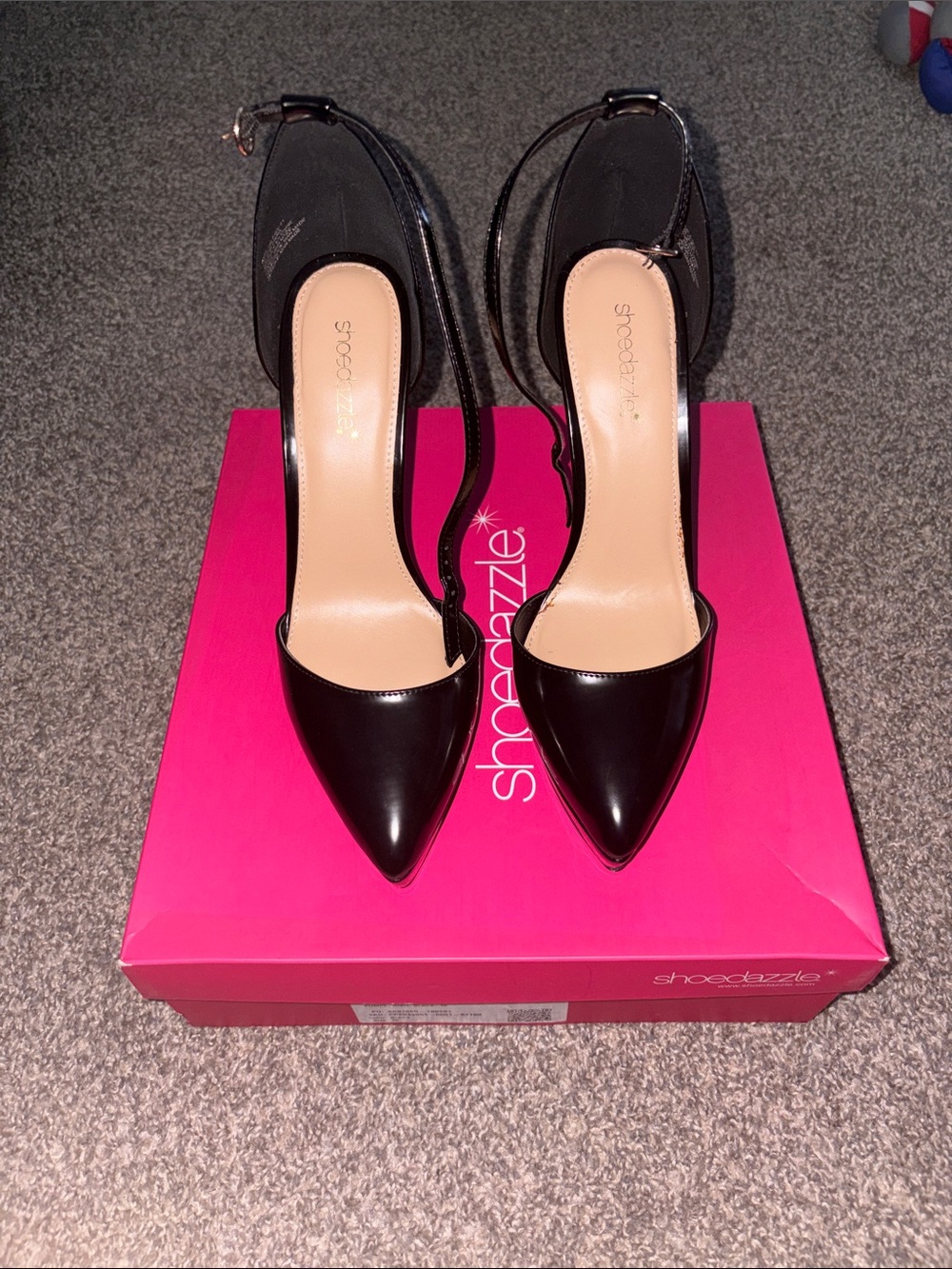 Shoe Dazzle Black Patent Pointed-Toe Ankle-Strap Heels